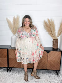 "Country In The Park" Long Sleeve V Neck Lace Midi Dress