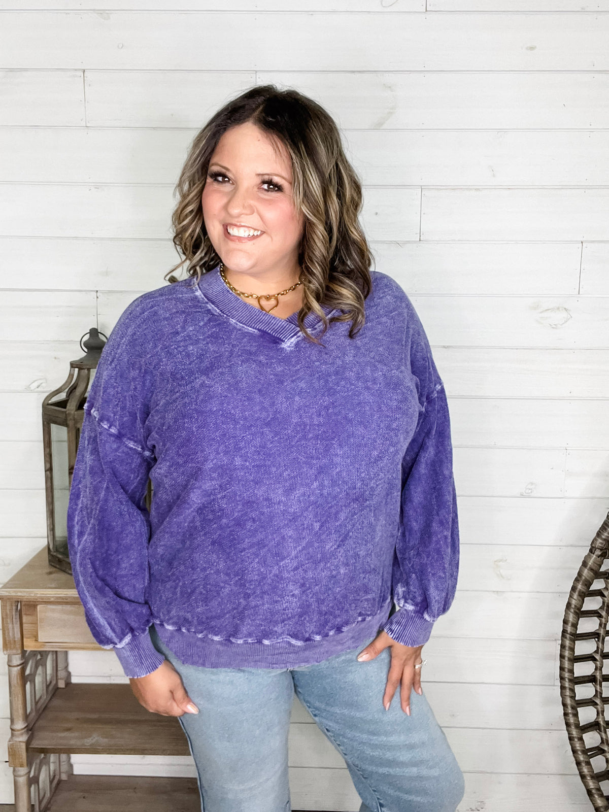 "Washout" Long Sleeve Mineral Wash V Neck Weekender