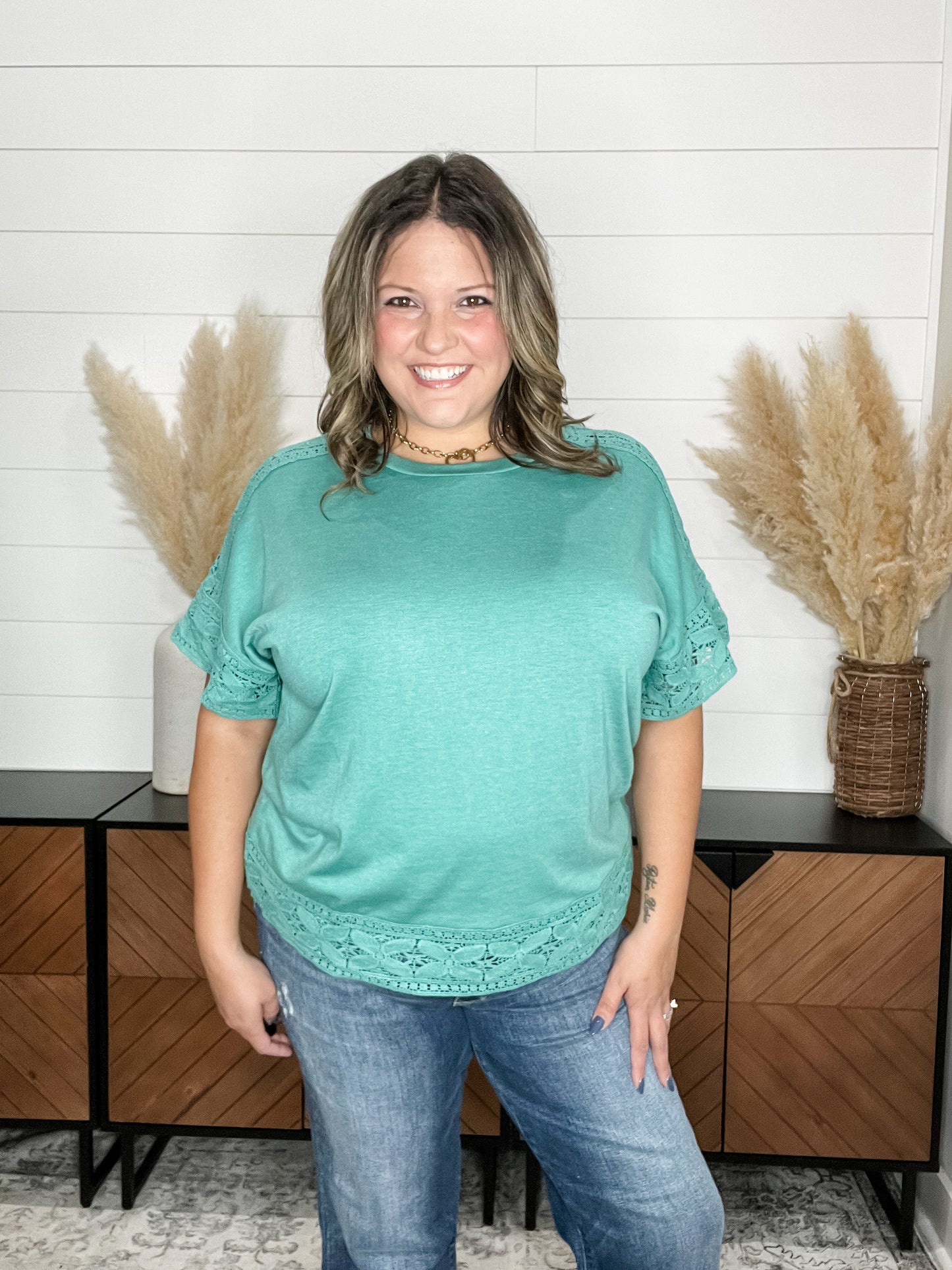 "Almost" Short Sleeve Boxy Tee with Trim Detail (Jade)