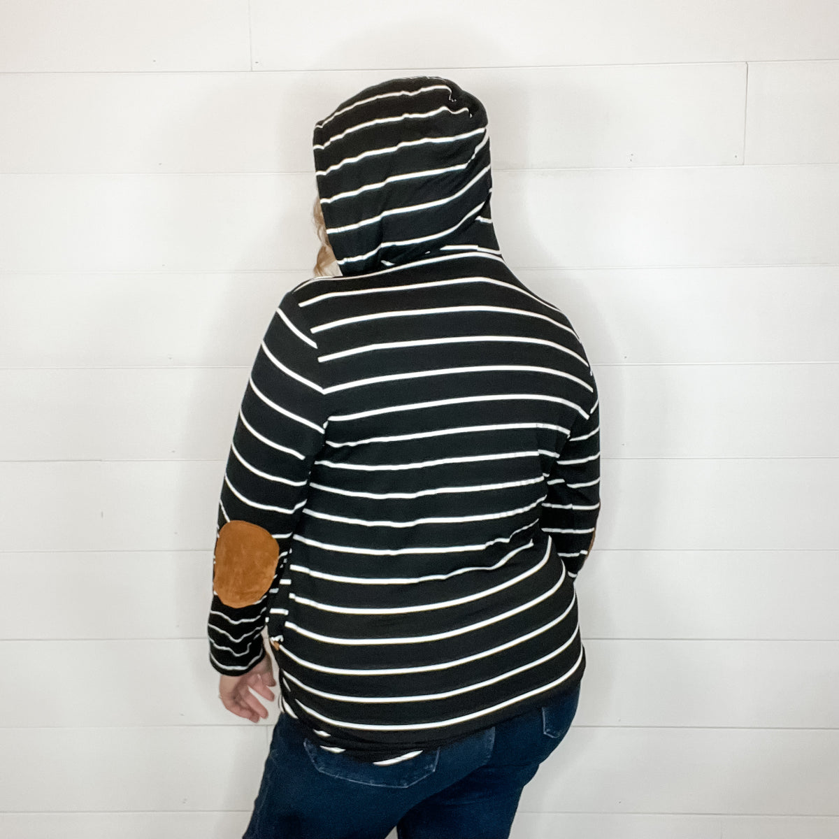 "Libby" Striped Hoodie with Faux Suede Elbow Patches