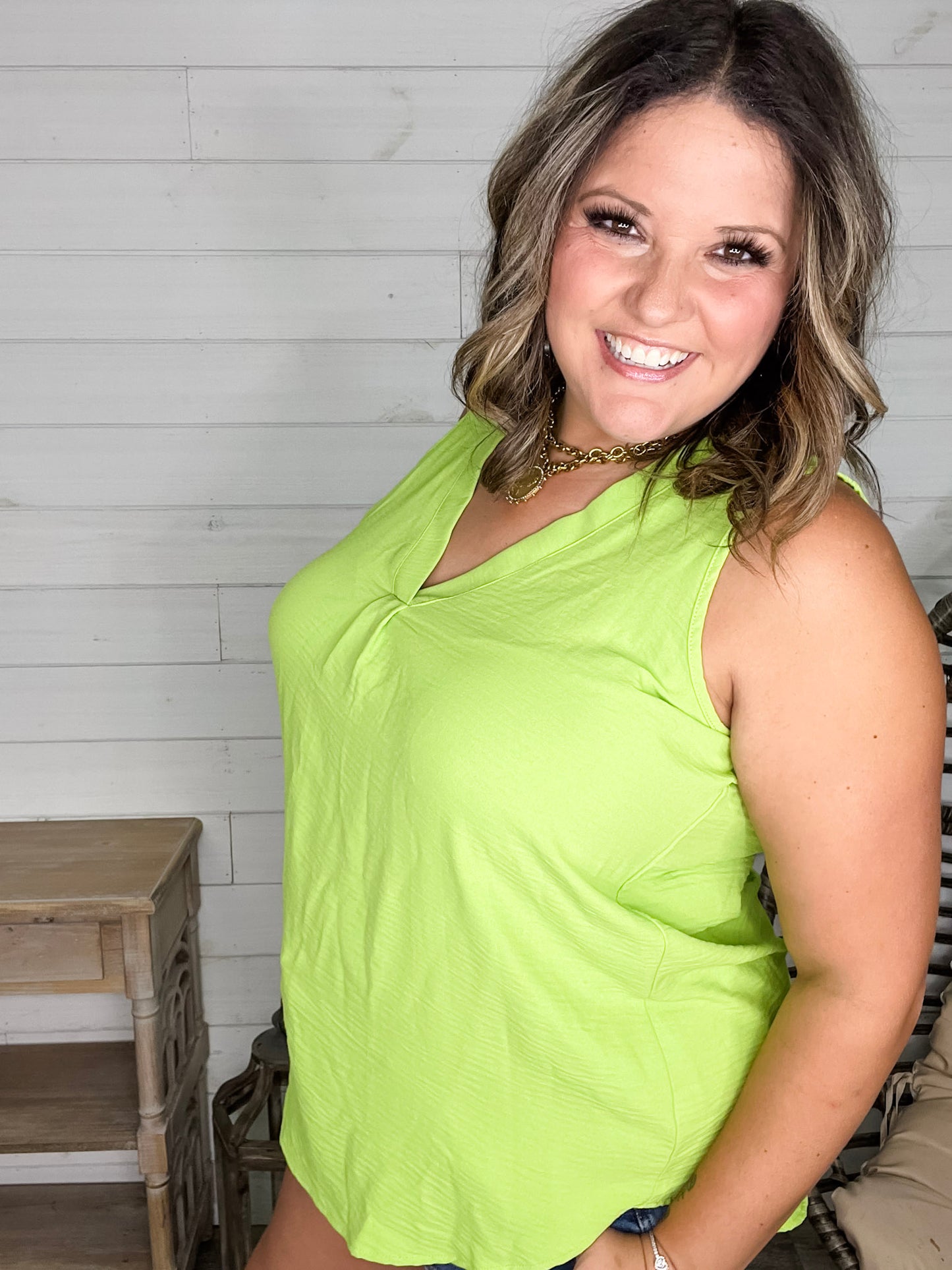 "Willow" Split Neck Tank Top (Lime Green)