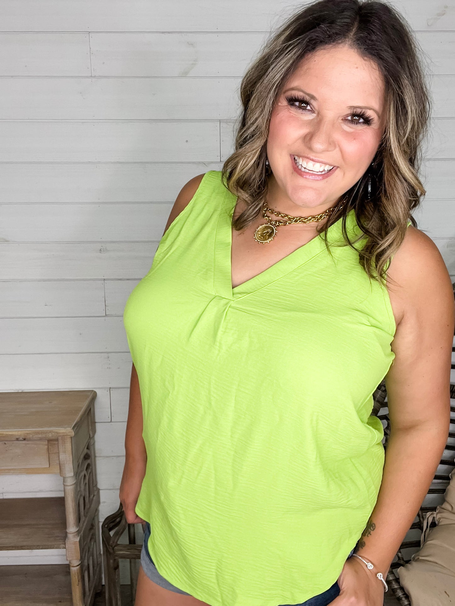 "Willow" Split Neck Tank Top (Lime Green)