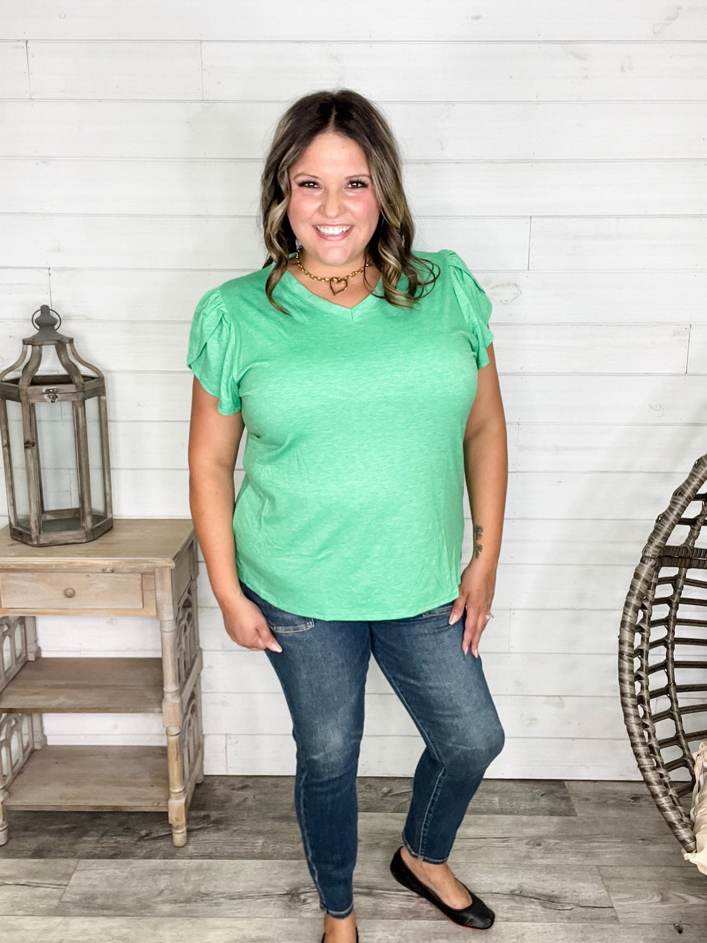 "Just The Beginning Chapter Two" Solid Tulip Sleeve V Neck (Green)