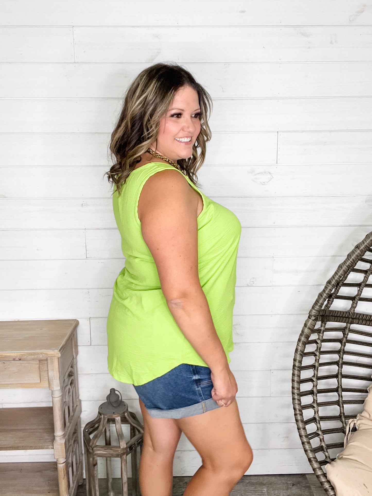 "Willow" Split Neck Tank Top (Lime Green)