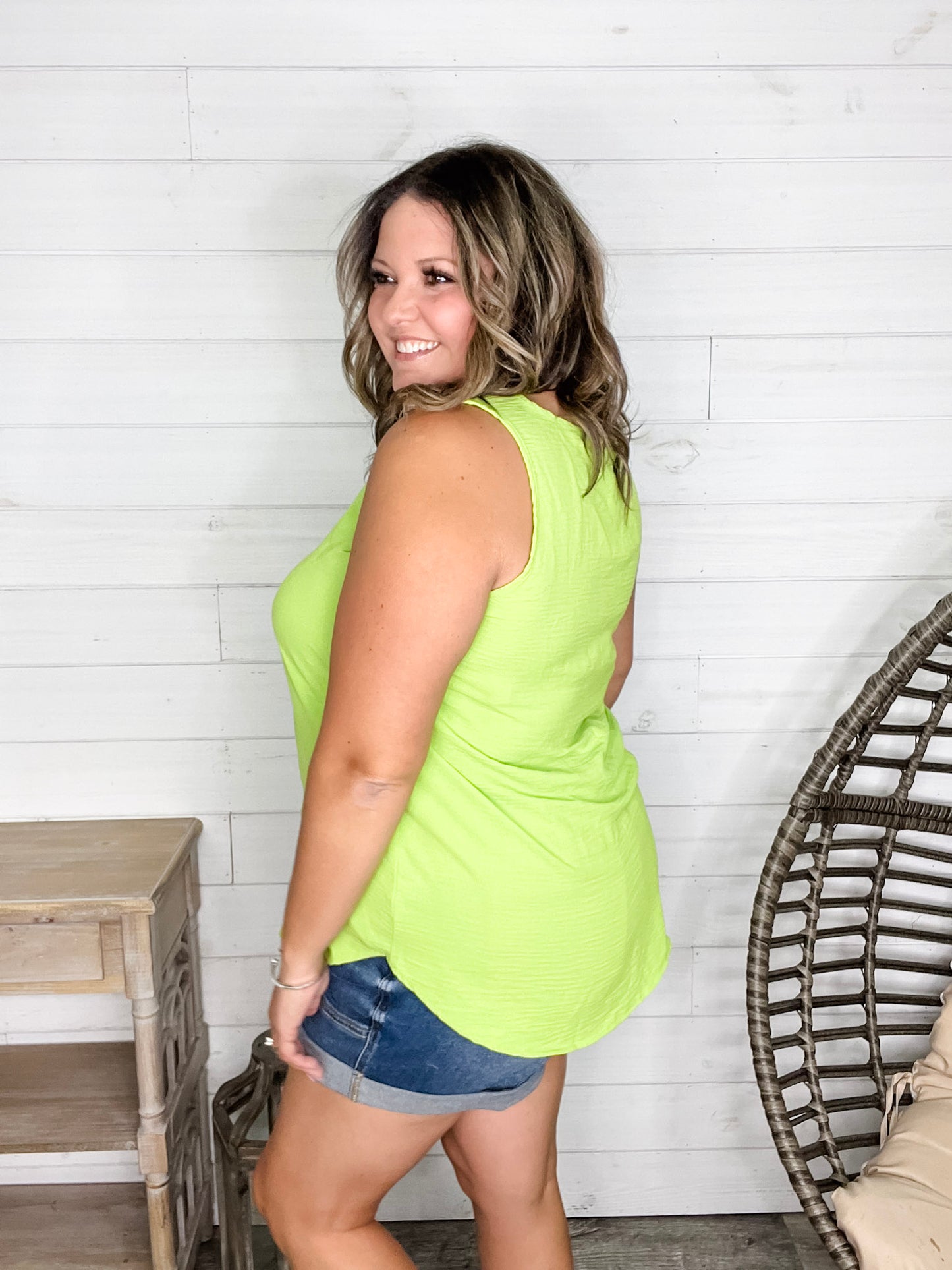 "Willow" Split Neck Tank Top (Lime Green)