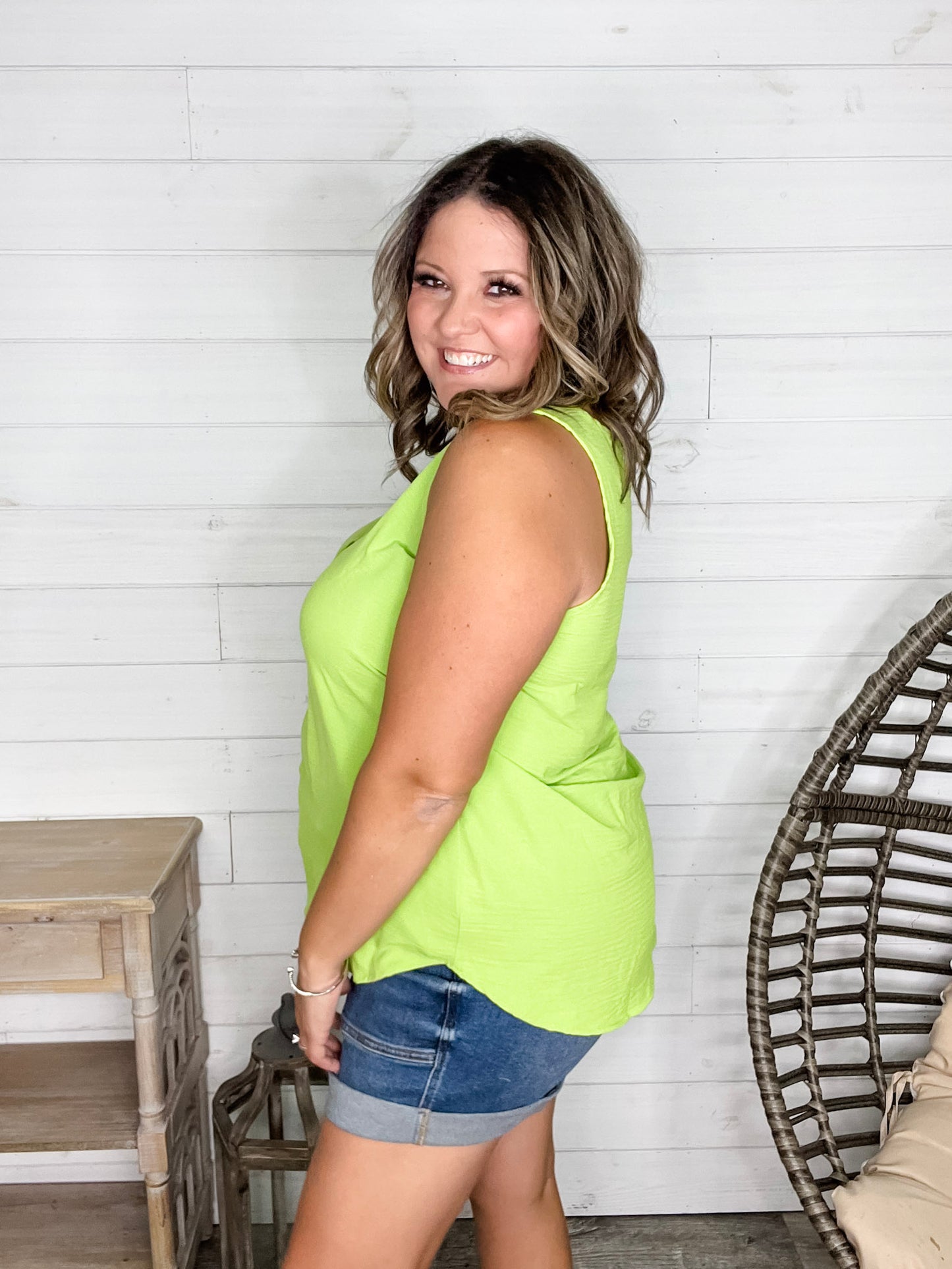 "Willow" Split Neck Tank Top (Lime Green)