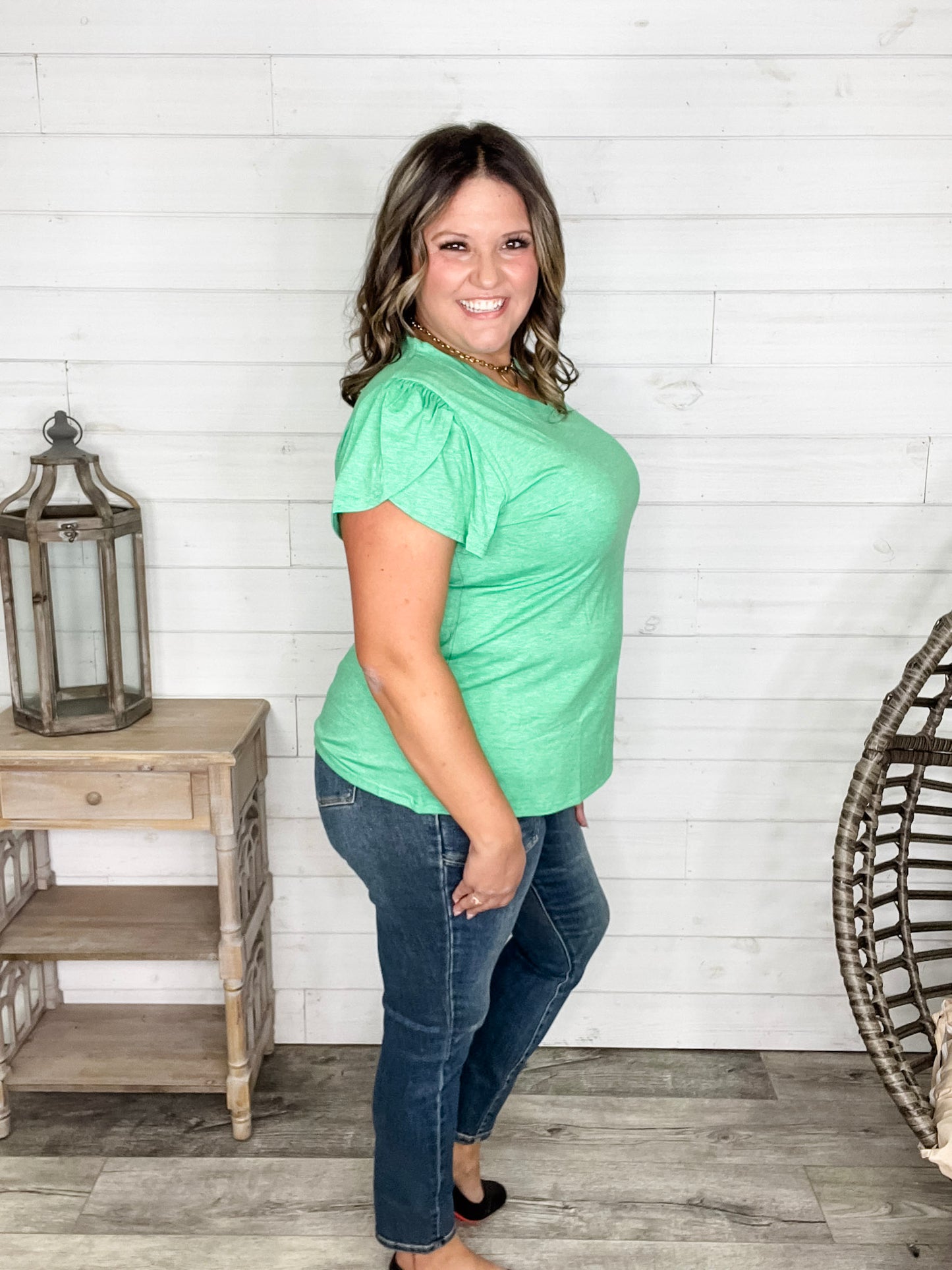 "Just The Beginning Chapter Two" Solid Tulip Sleeve V Neck (Green)