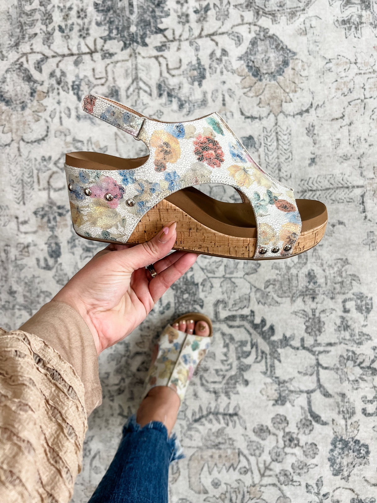 Corkys "Carley" Wedge Sandal (Putty Washed Flower)