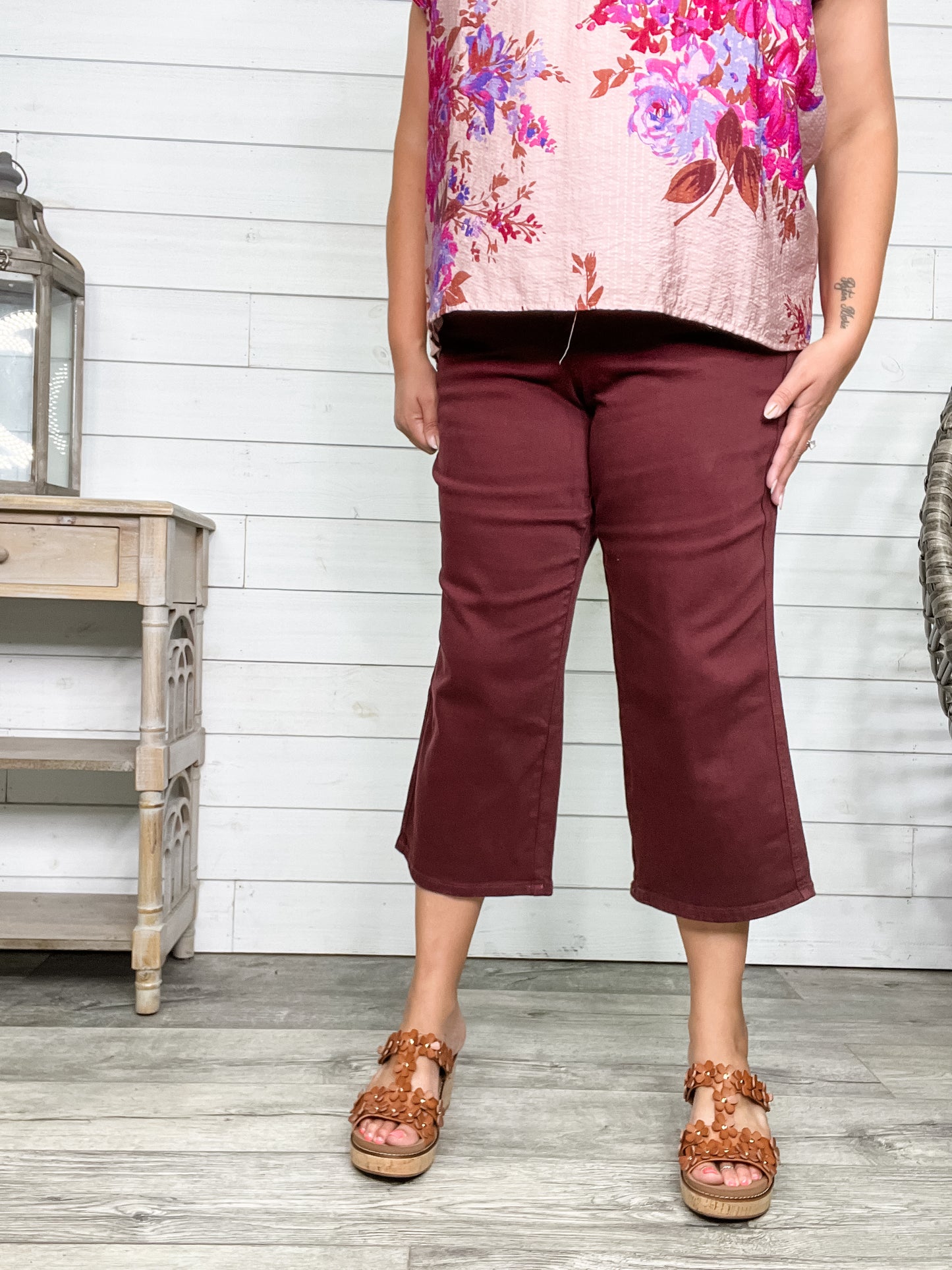 Judy Blue "Paul Bunyan" Tummy Control Oxblood Wide Leg Crops