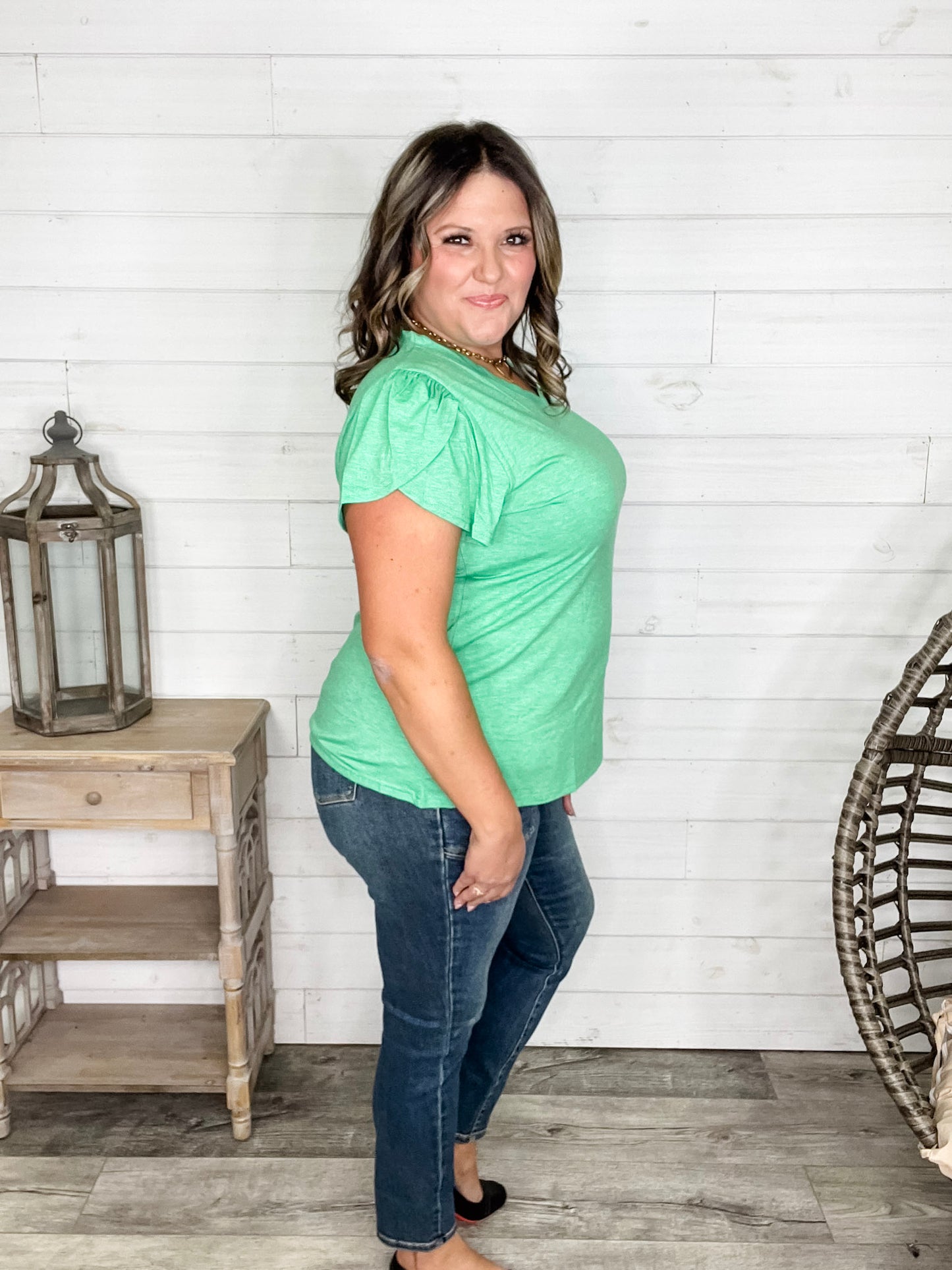 "Just The Beginning Chapter Two" Solid Tulip Sleeve V Neck (Green)