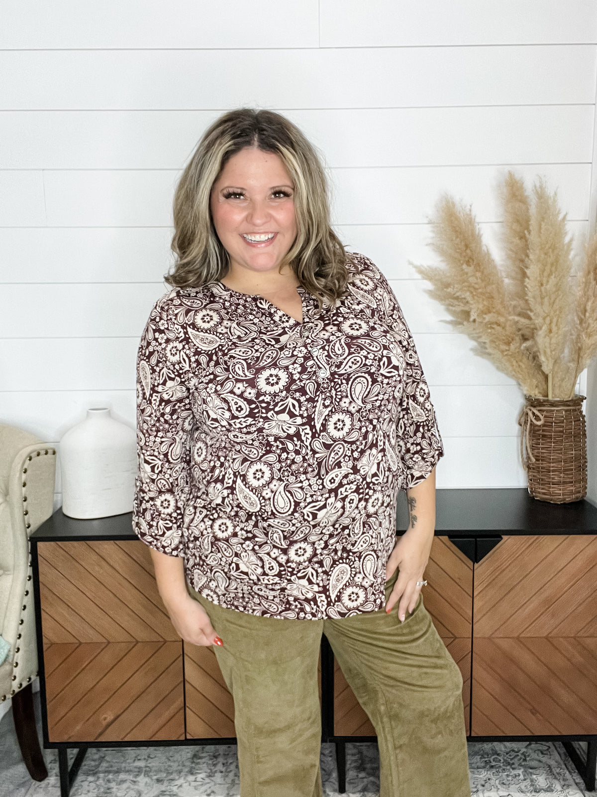 Dear Scarlett "Circle" 3/4 Sleeve Button Front Lizzy Luxe