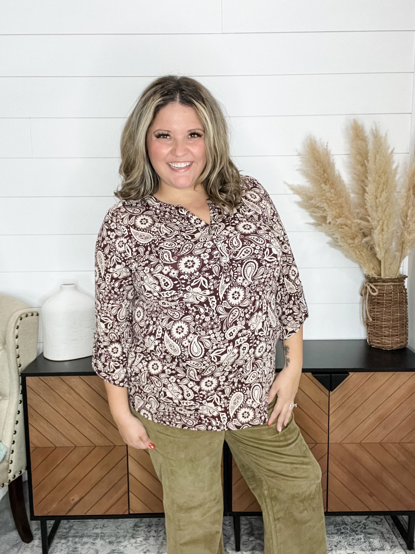 "Circle" 3/4 Sleeve Button Front Lizzy Luxe