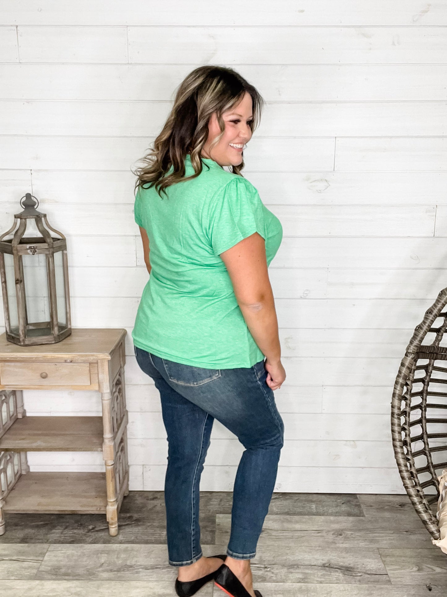 "Just The Beginning Chapter Two" Solid Tulip Sleeve V Neck (Green)