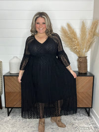 "Country In The Park" Long Sleeve V Neck Lace Dress (Black)