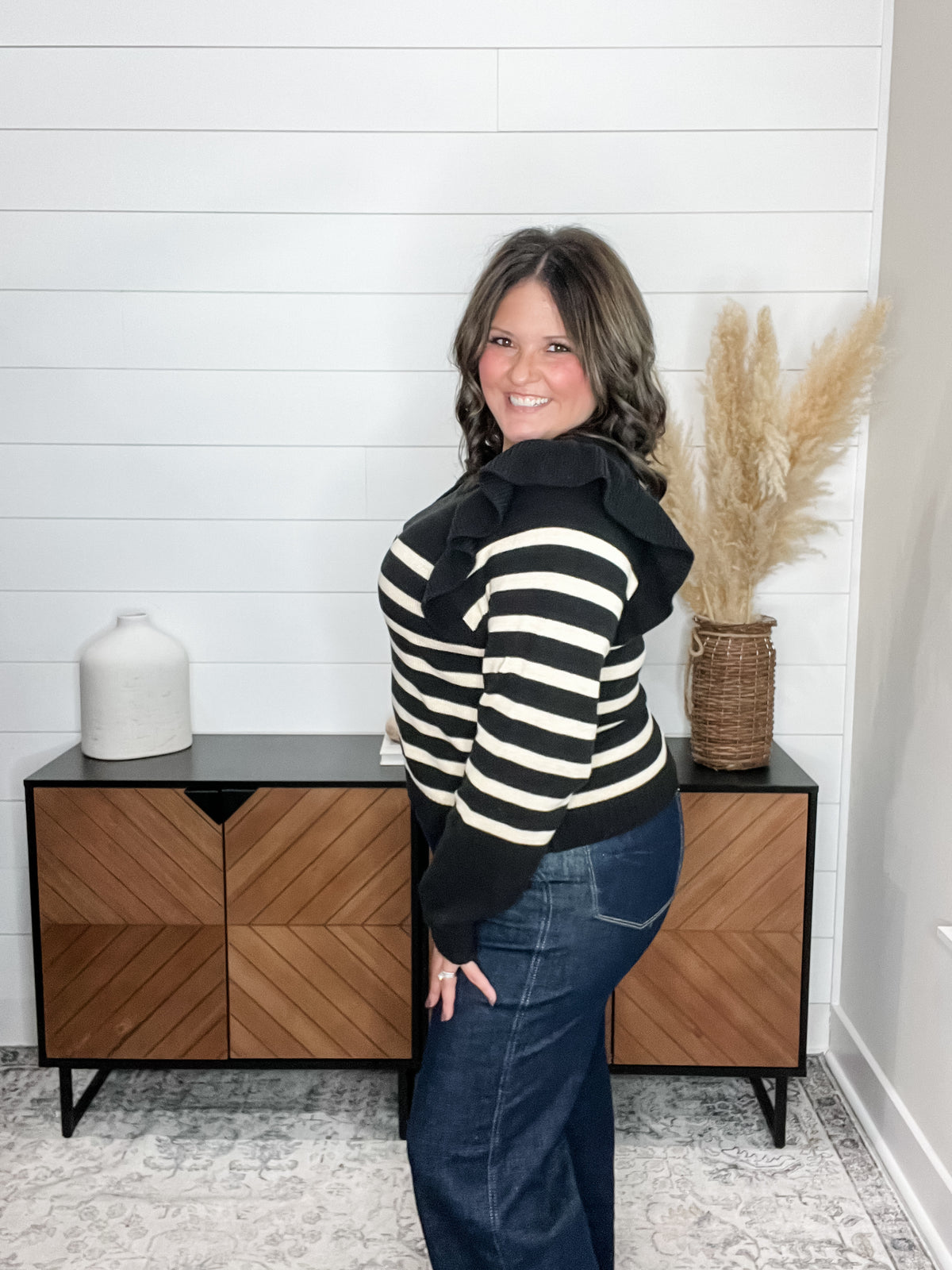 "Tish" Long Sleeve Ruffle Shoulder Sweater