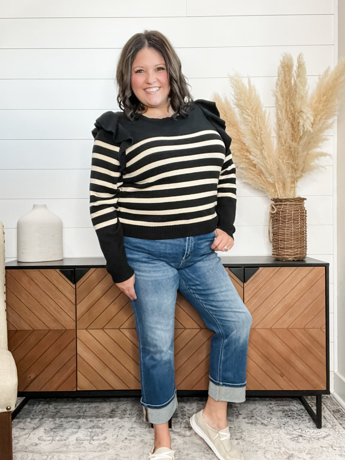 "Tish" Long Sleeve Ruffle Shoulder Sweater