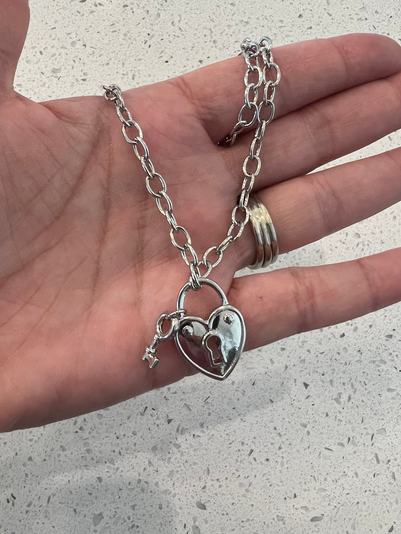 "Selena" Small Link with Heart Lock and Key Silver Necklace
