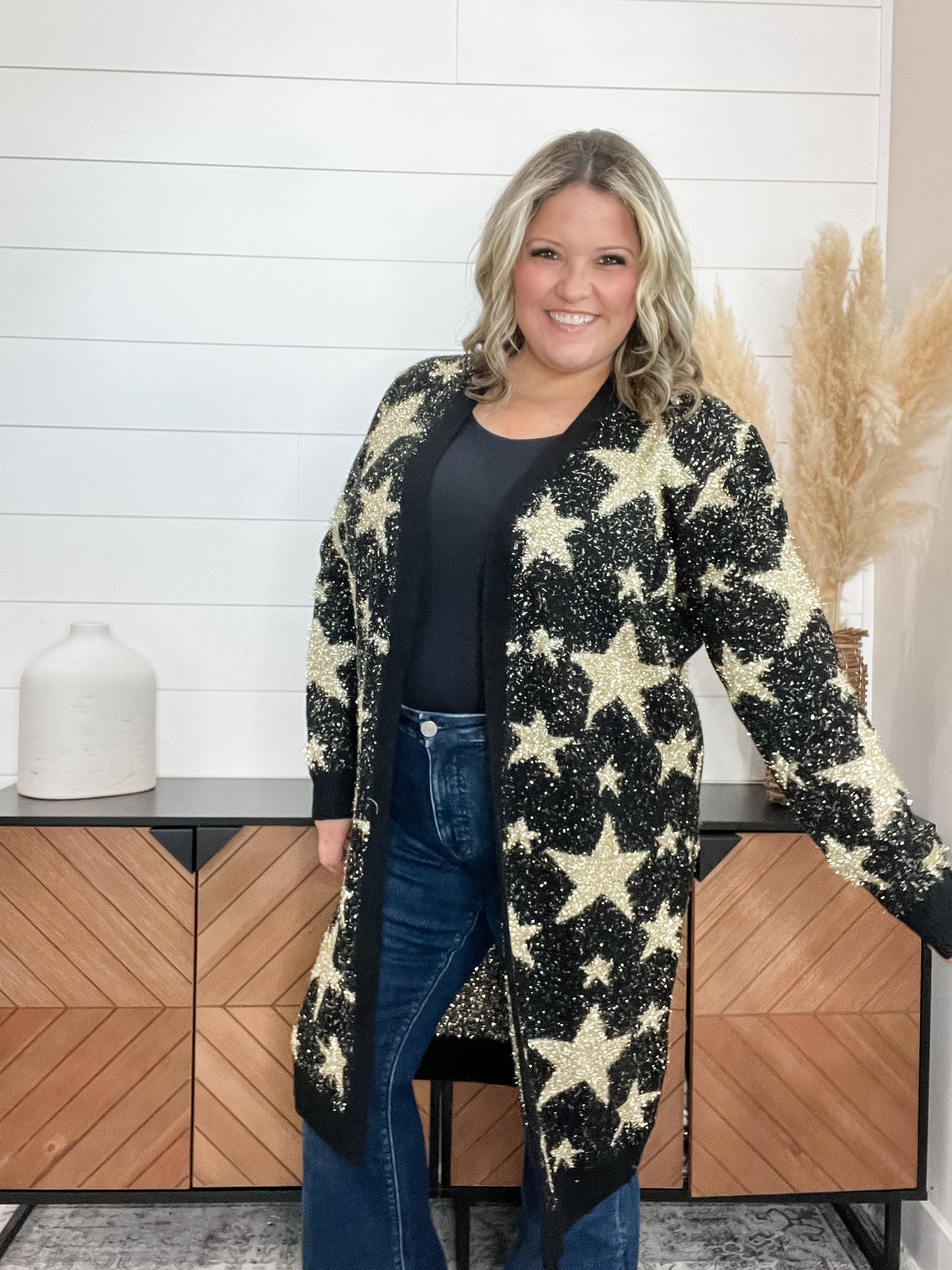 Black & Gold Star Print Thick Cardigan