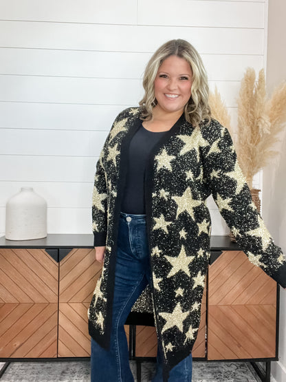 Black & Gold Star Print Thick Cardigan