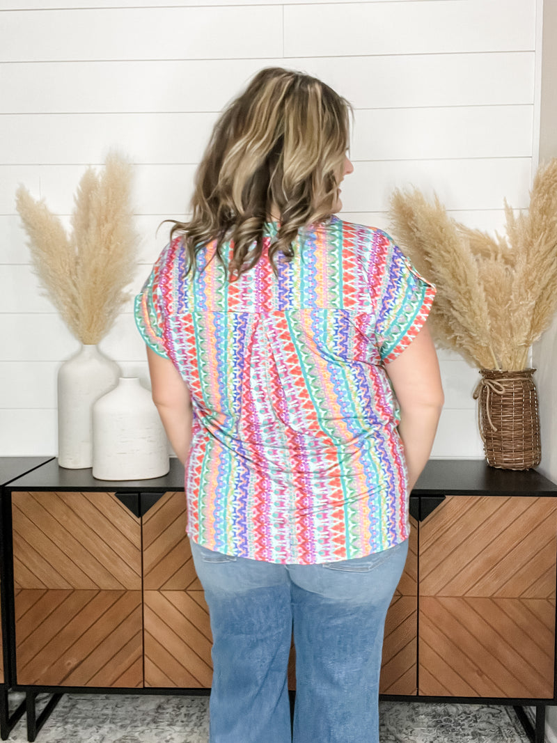 "Rainbows" Split Neck Cuffed Short Sleeve