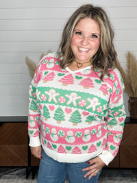 Dear Scarlett "Candy Cane Lane" Holiday V Neck Sweater
