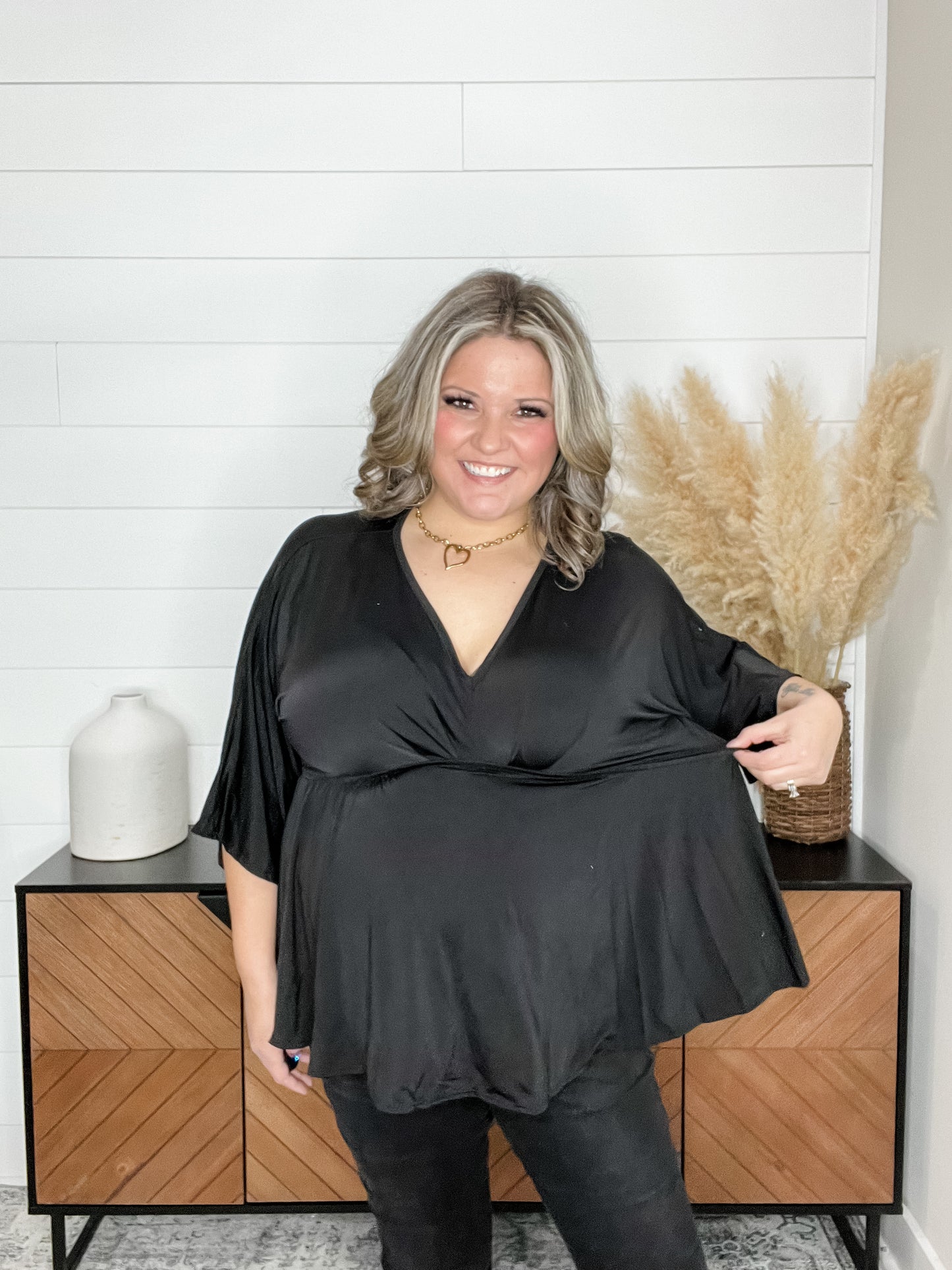 "Undertaking" 3/4 Sleeve V Neck with Elastic Empire Waist (Black)