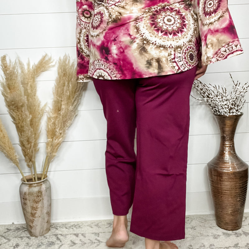 "Slight of Hand" Pull On Wide Leg Crop Trousers (Wine)