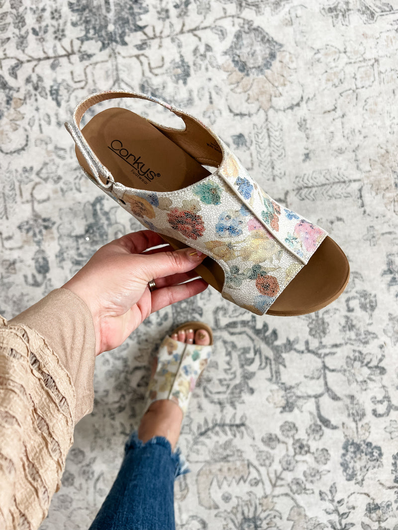 Corkys "Carley" Wedge Sandal (Putty Washed Flower)