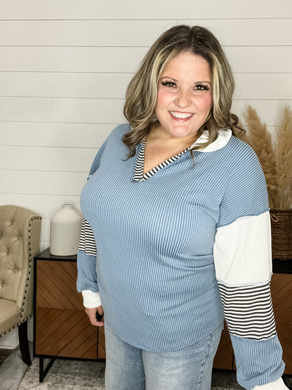 "Midtown" Long Sleeve Corded Split Neck