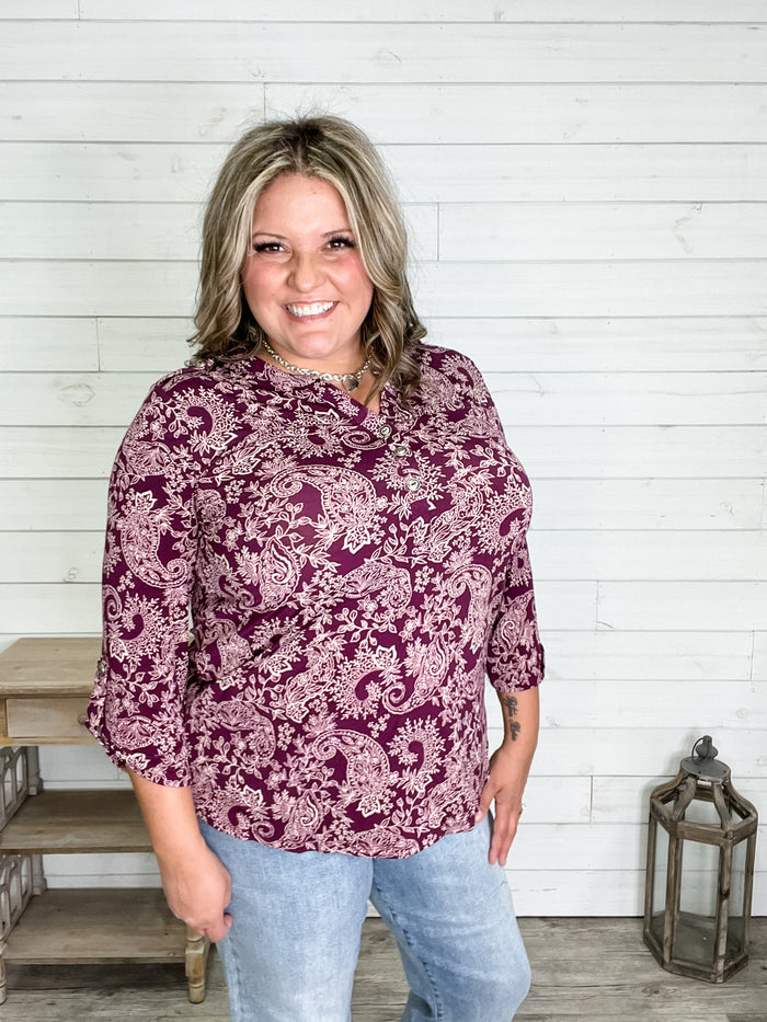 "Decagon" 3/4 Sleeve Button Front Lizzy Luxe