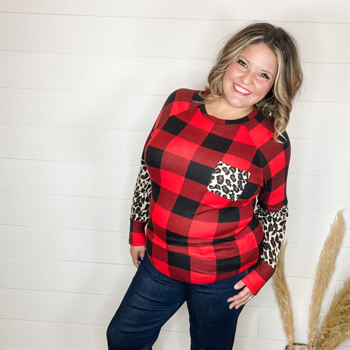 "Bianca" Long Sleeve Buffalo Plaid with Animal Accent Pocket and Sleeve