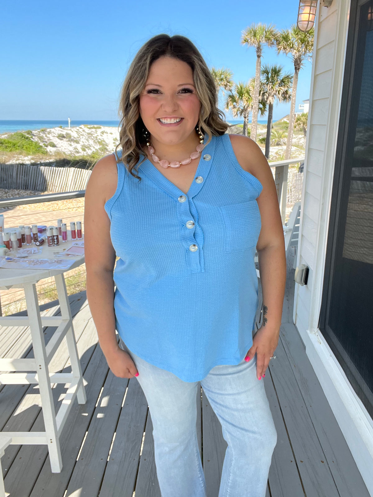 "Caldwell" Waffle Texture Tank with Chest Pockets and Faux Buttons (Ocean Blue)