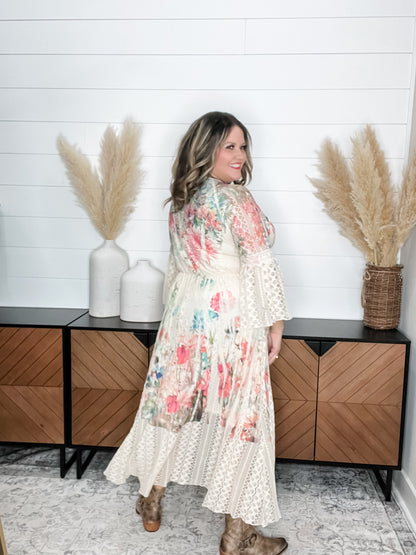"Country In The Park" Long Sleeve V Neck Lace Maxi Dress