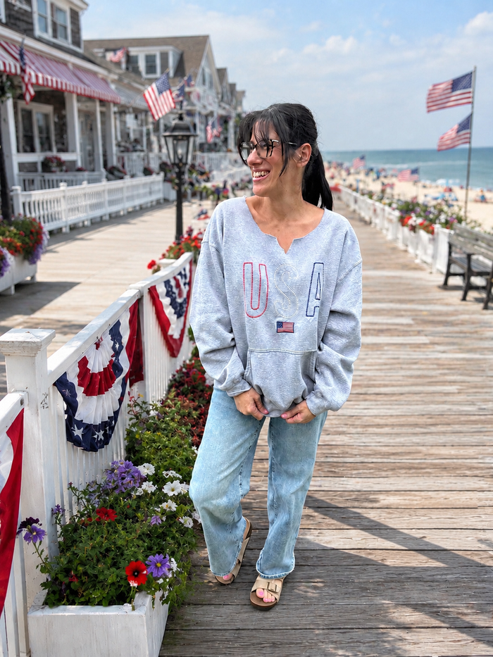JOCOink Raw Neckline USA embroidered sweatshirt, sport grey kangaroo pocket | Lola Monroe Boutique