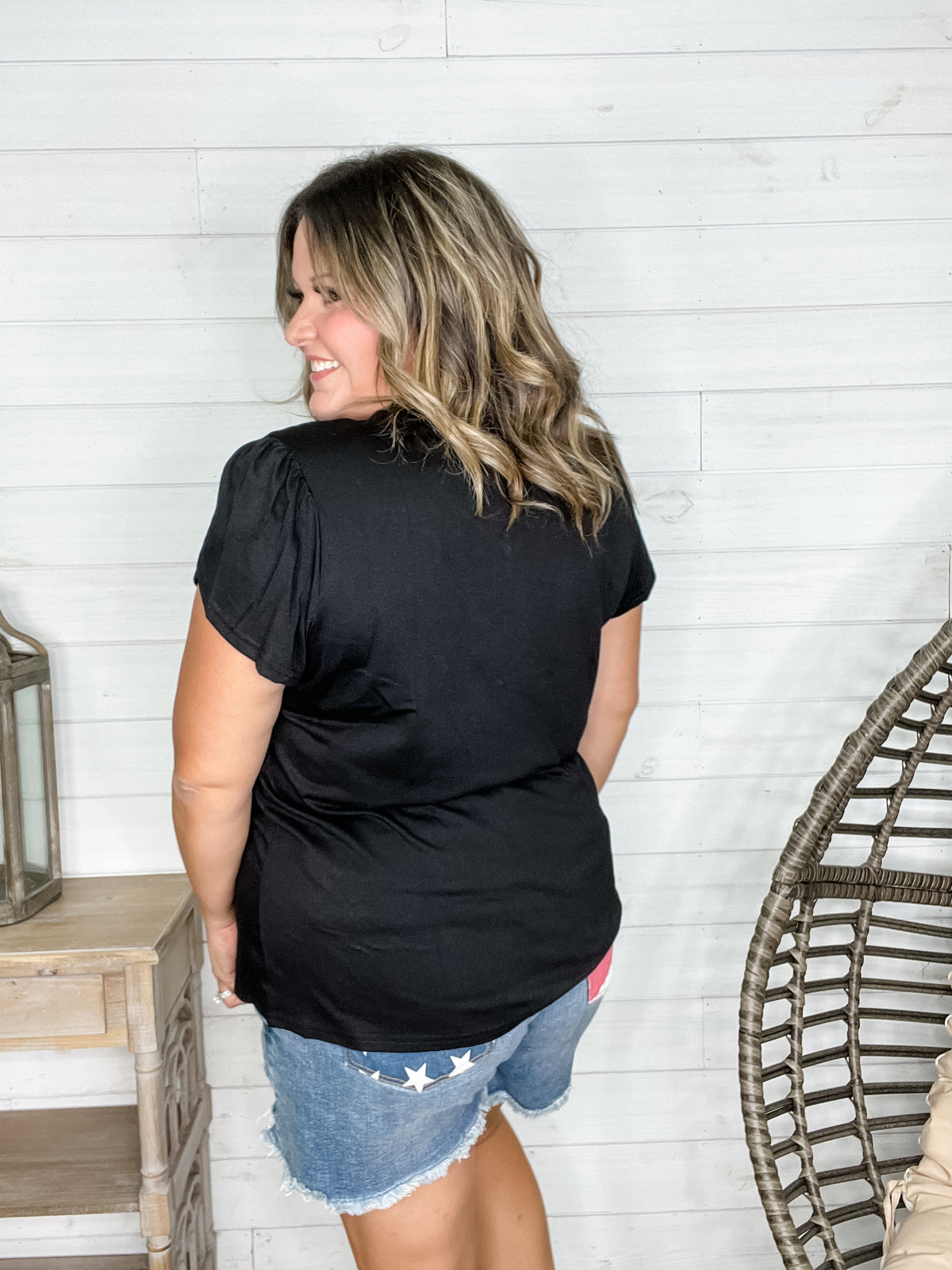 "Just The Beginning Chapter Two" Solid Tulip Sleeve V Neck (Black)