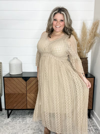 "Country In The Park" Long Sleeve V Neck Lace Dress (Taupe)