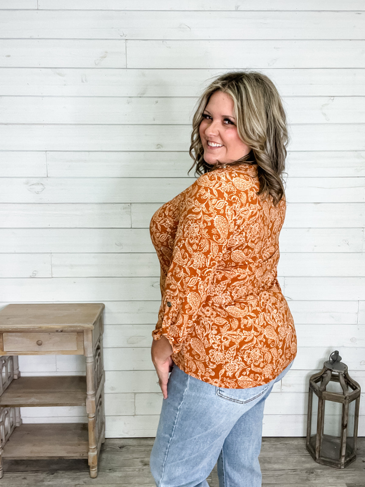 "Rhombus" 3/4 Sleeve Button Front Lizzy Luxe