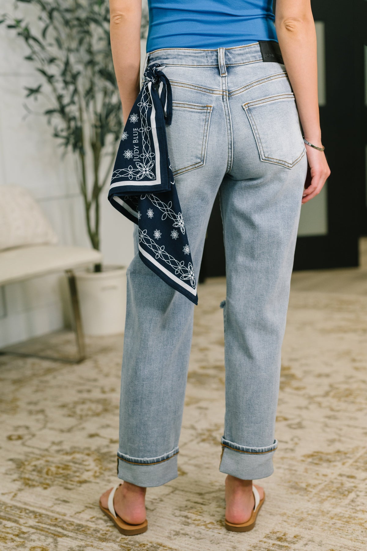 Judy Blue "Sabrina" Destroyed Boyfriend Jeans With Bandana Loop