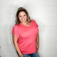 "Just The Beginning Chapter Two" Solid Tulip Sleeve V Neck (Coral)