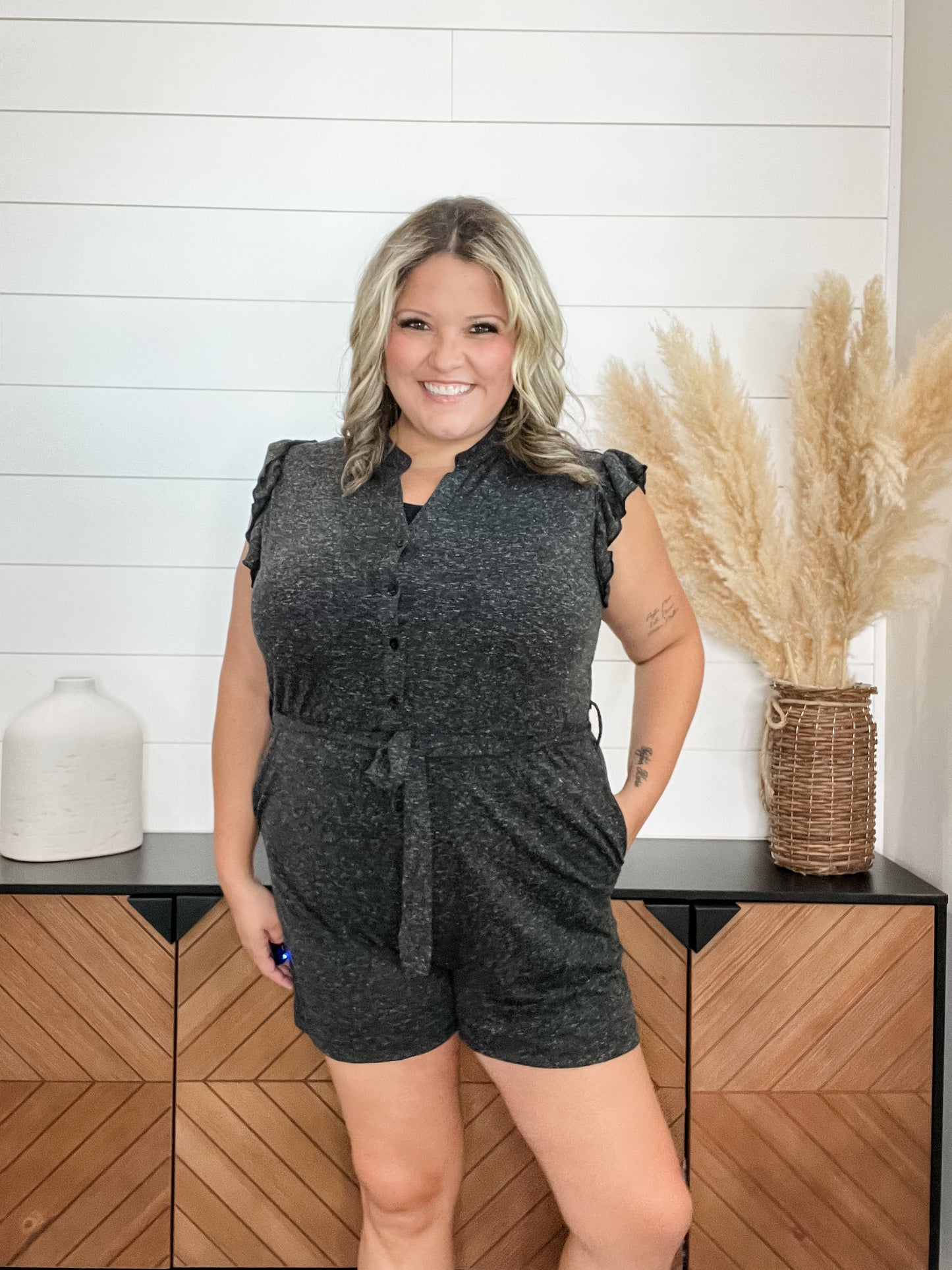 Heathered black t-shirt feel romper