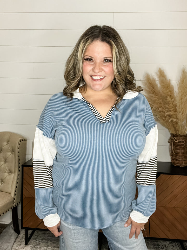 "Midtown" Long Sleeve Corded Split Neck