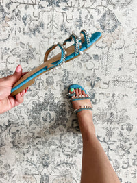 "Engaged" Pearl Embellished Flat Sandal (Denim)