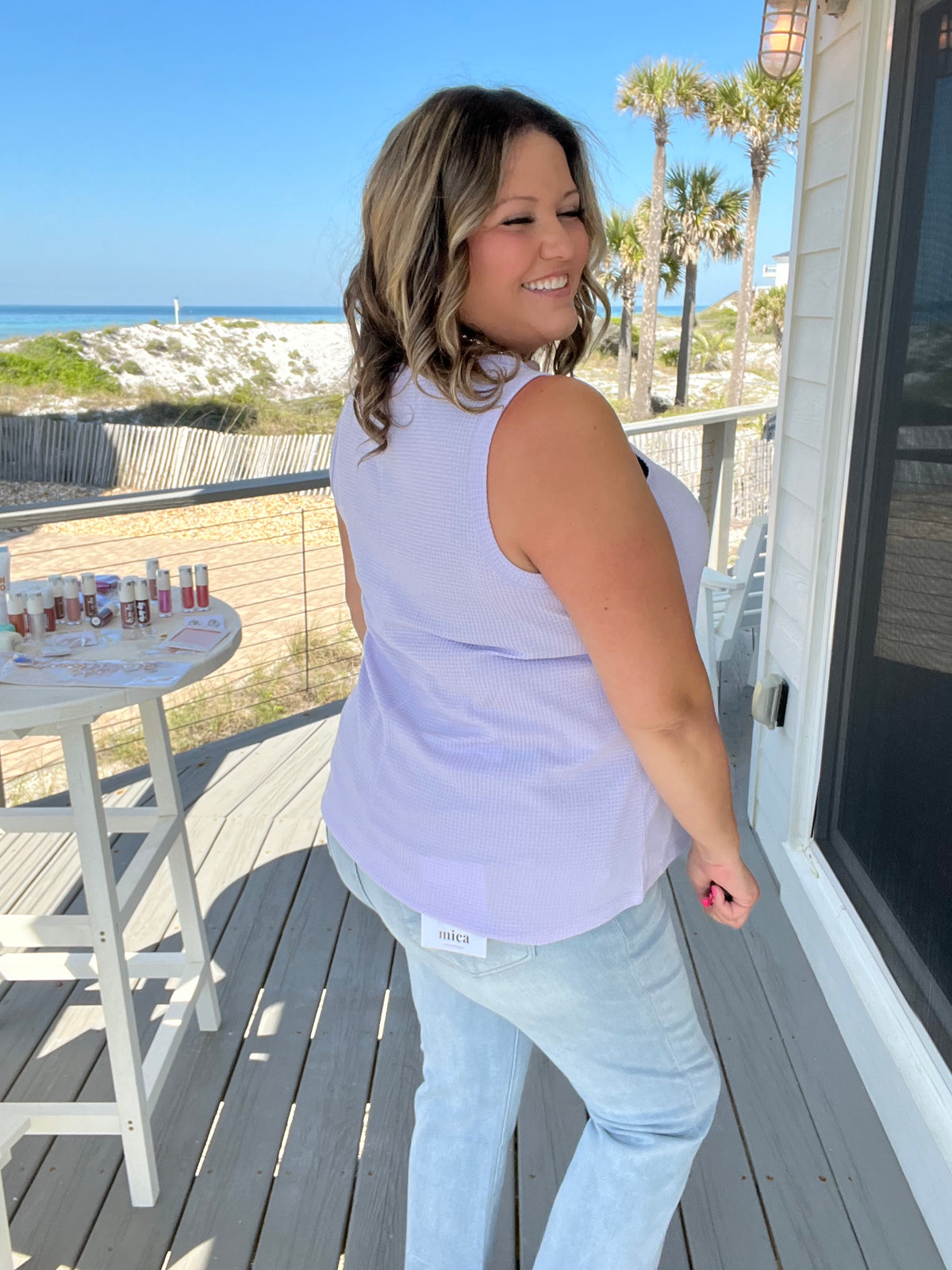 "Caldwell" Waffle Texture Tank with Chest Pockets and Faux Buttons (Lilac)