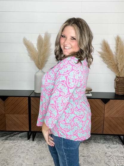 "Pompano" 3/4 Sleeve Babydoll Split Neck