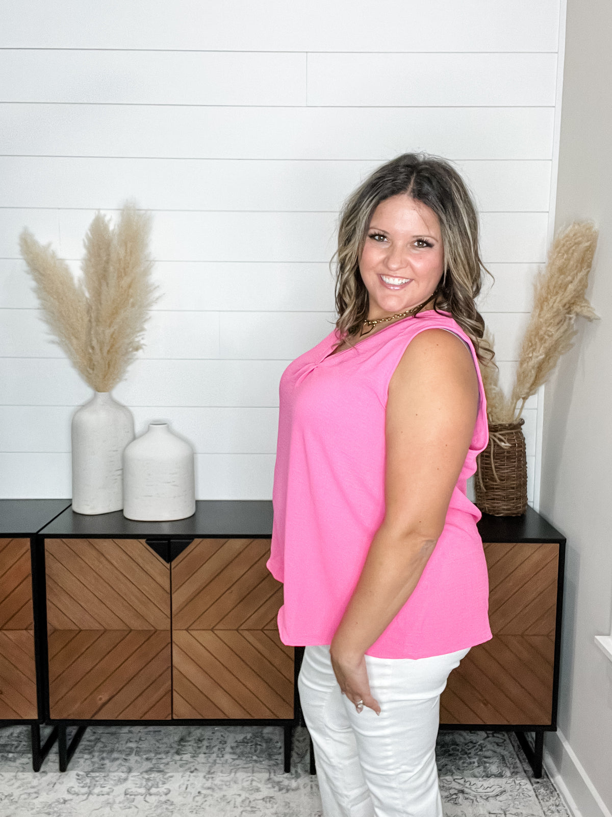 "Swanton" Deep V Tank with Front Pleat (Hot Pink)