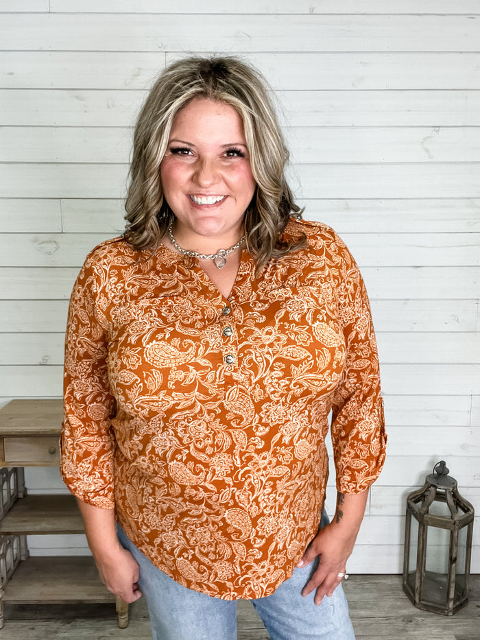 "Rhombus" 3/4 Sleeve Button Front Lizzy Luxe