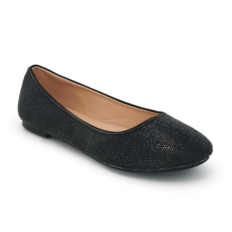 "Baba" Sparkle Round Toe Flat (Black)