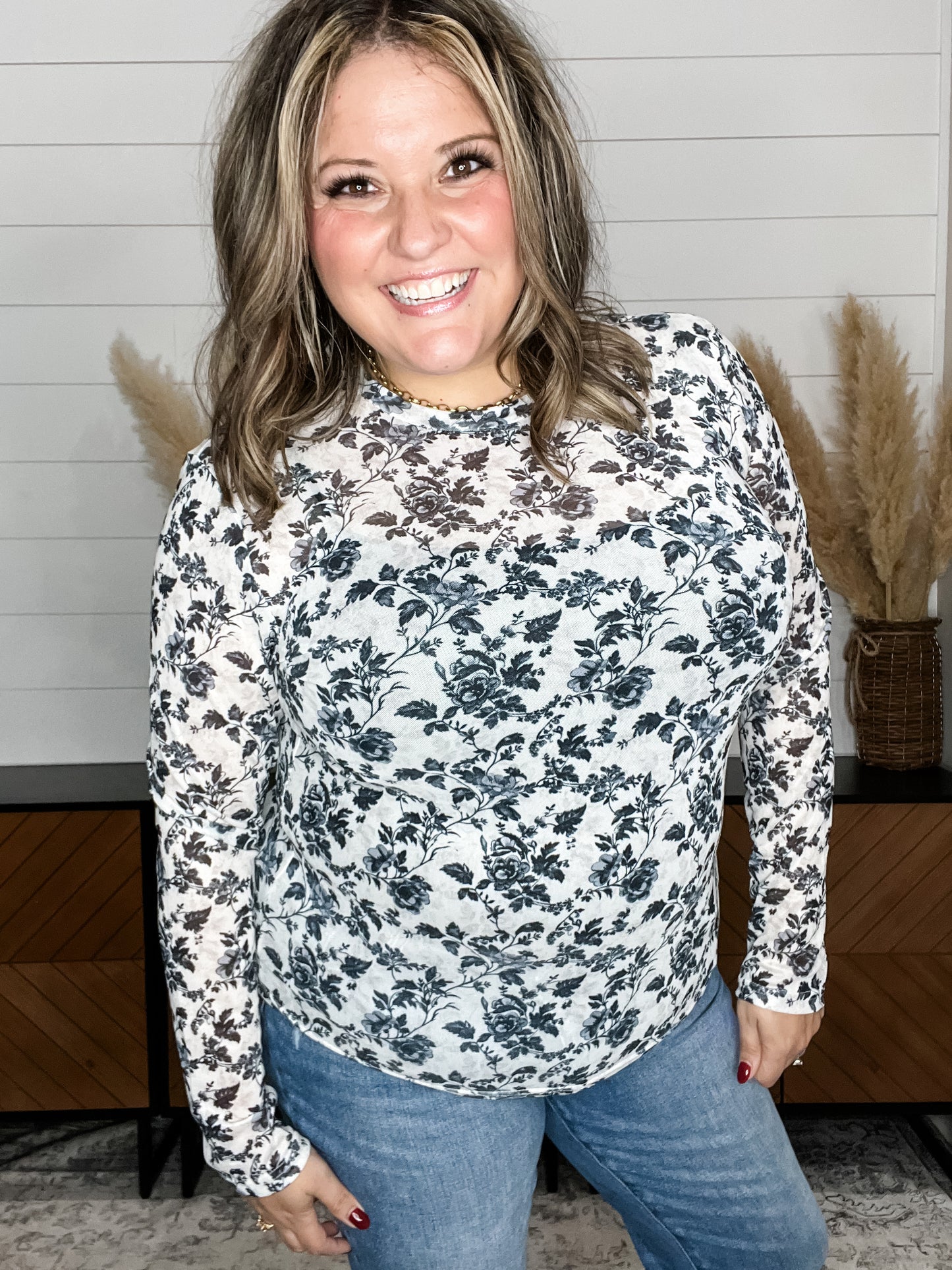 Shirley and Stone Black & White Floral Long Sleeve Mesh Top