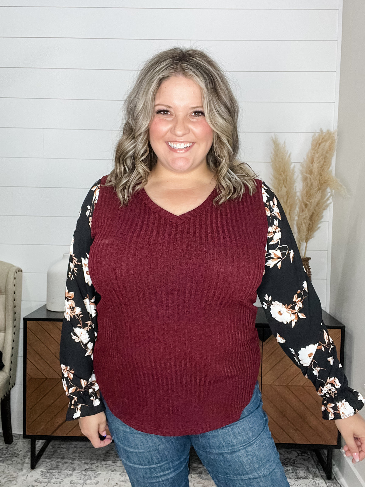 "Grateful" Ribbed Body Long Sleeve V Neck