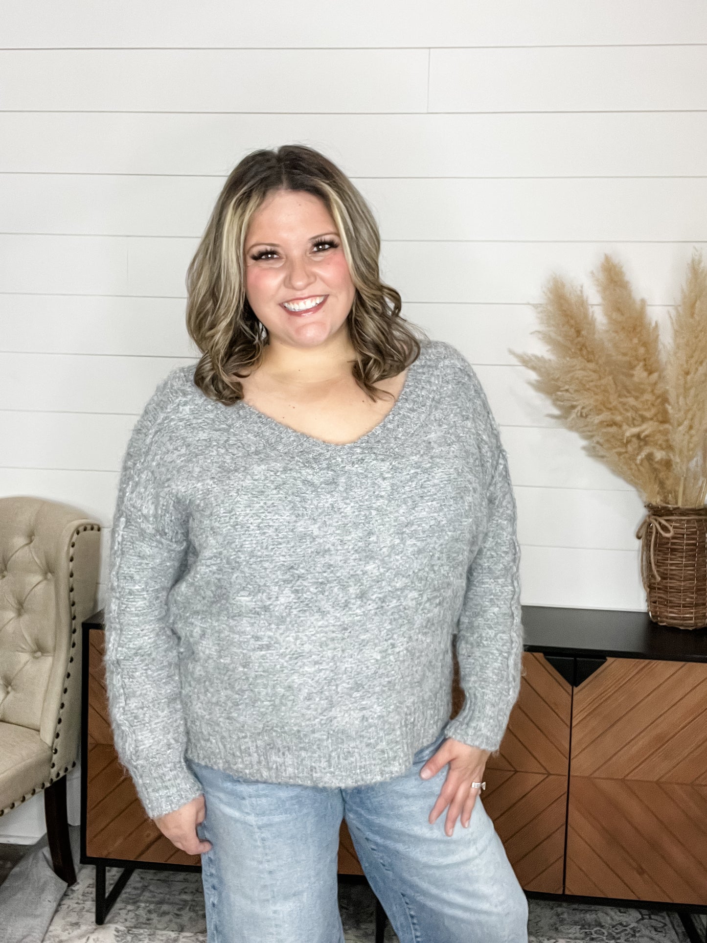 "Gravel" Oversized Wide V Neck Sweater